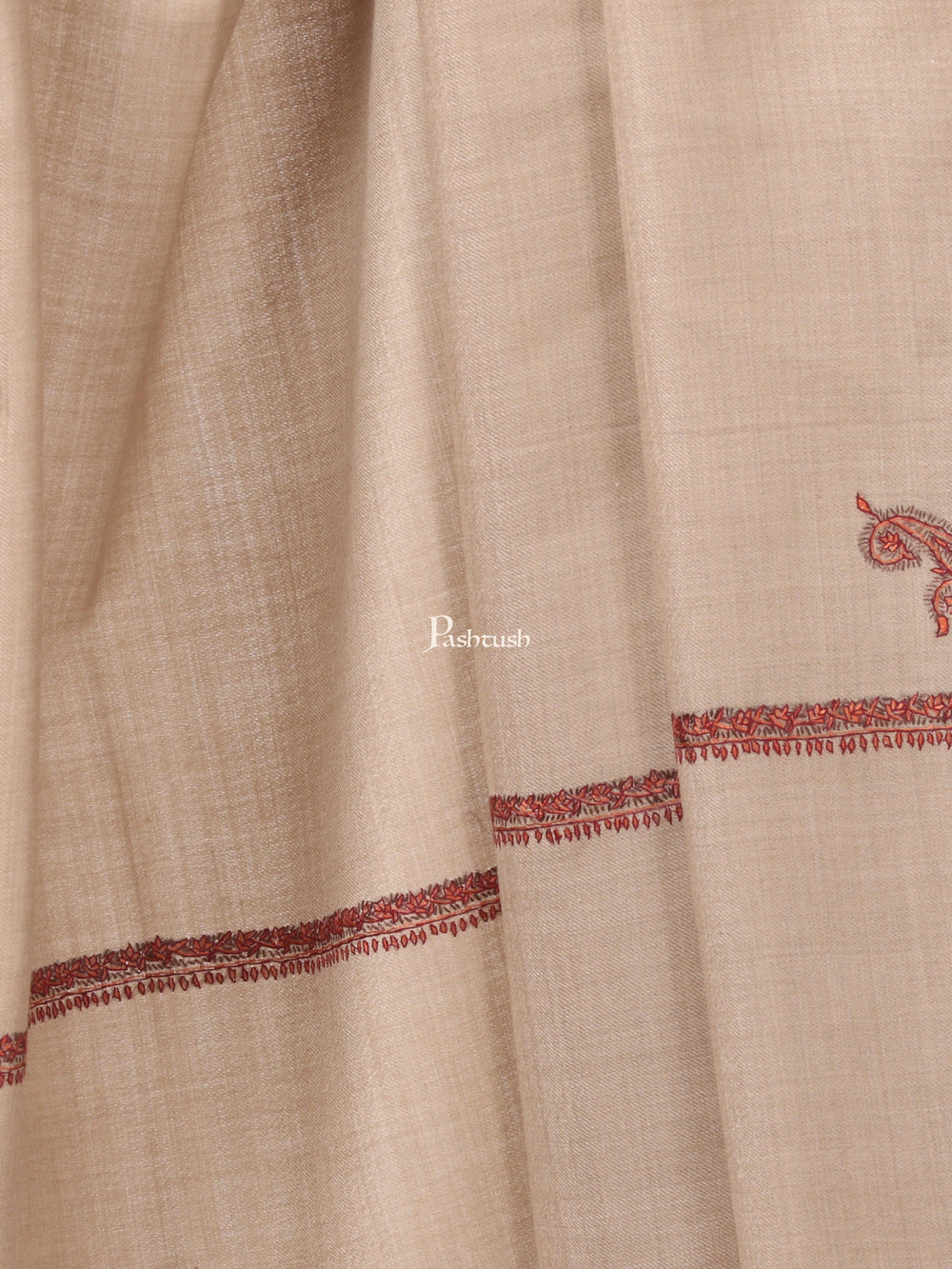 Pashtush India Mens Shawls Gents Shawl Pashtush Mens Hand Embroidery Shawl, Woollen Shawl With Kingri Design Embroidery Full Size (Beige)