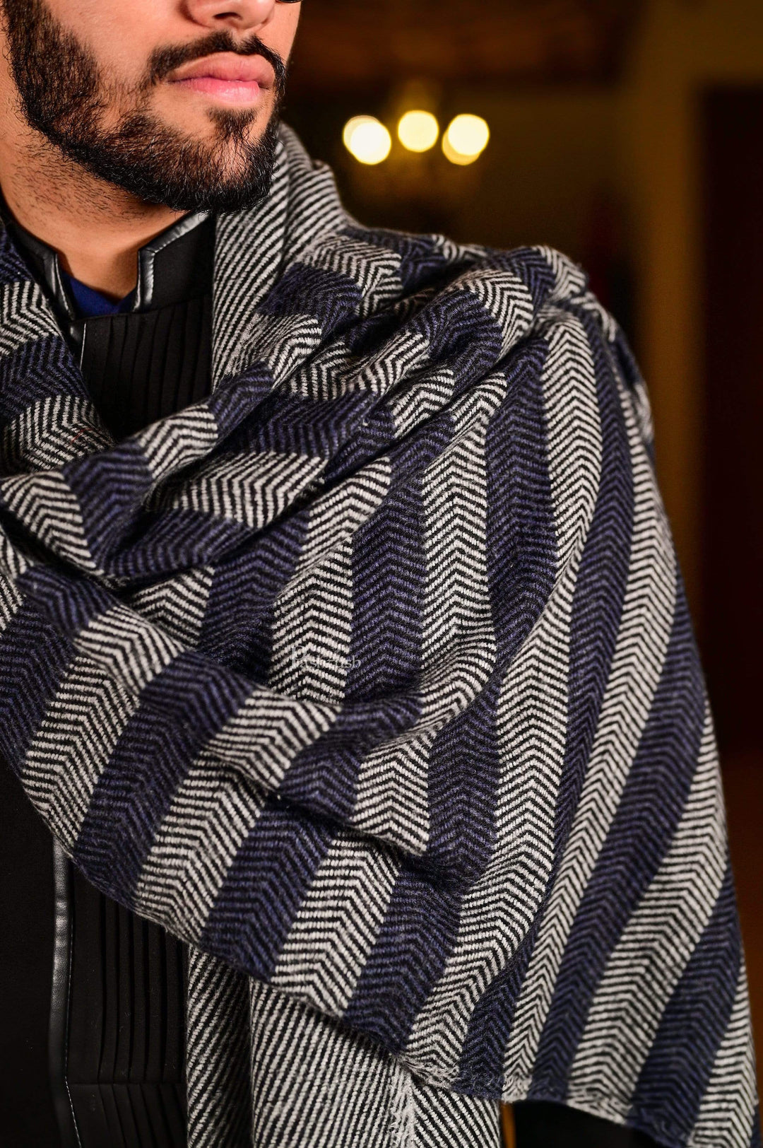 Pashtush India 70x200 Pashtush Mens Herringbone Pattern Weave Warm Woollen Scarf, Grey