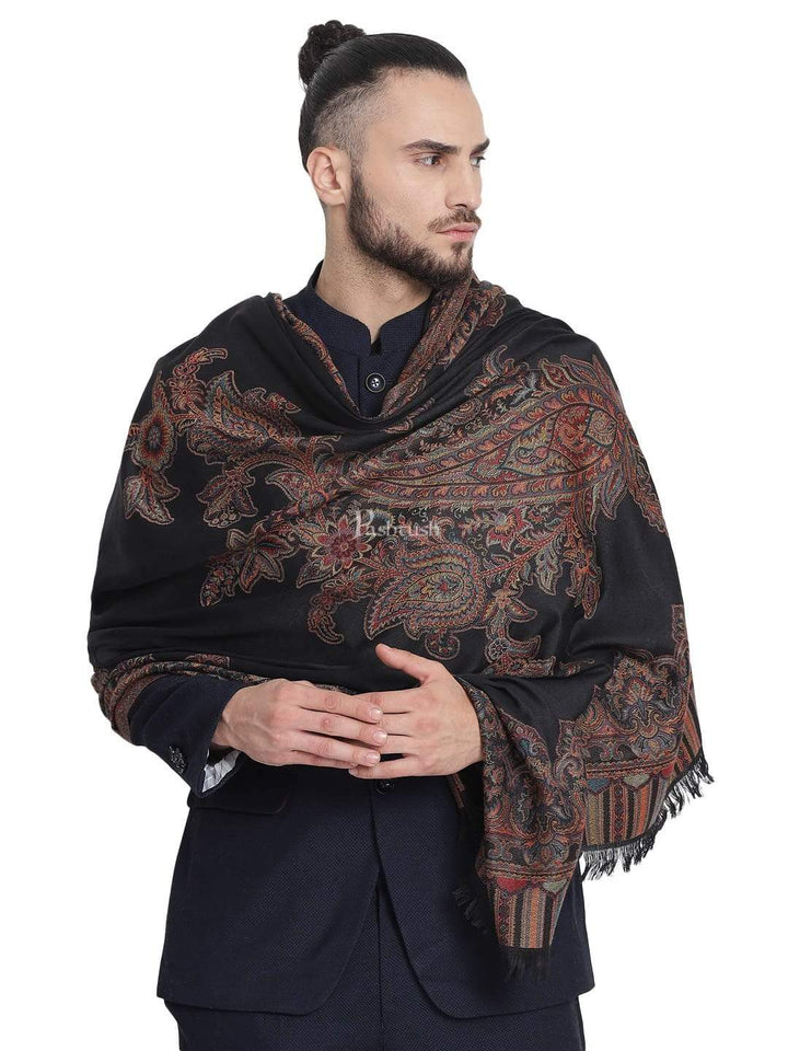 Pashtush India 100x200 Pashtush Mens Jacquard Ambi Stole, Warm and soft, Faux Pashmina - Black