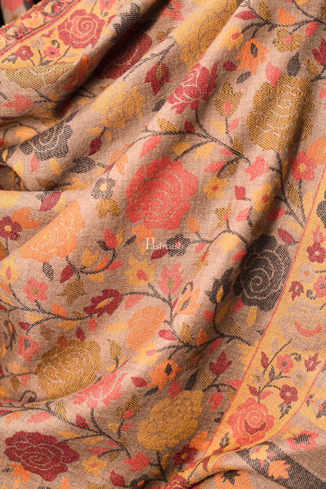 Pashtush India Mens Scarves Stoles and Mufflers Pashtush mens Jacquard Light weight stole, Ethnic Floral design, Beige