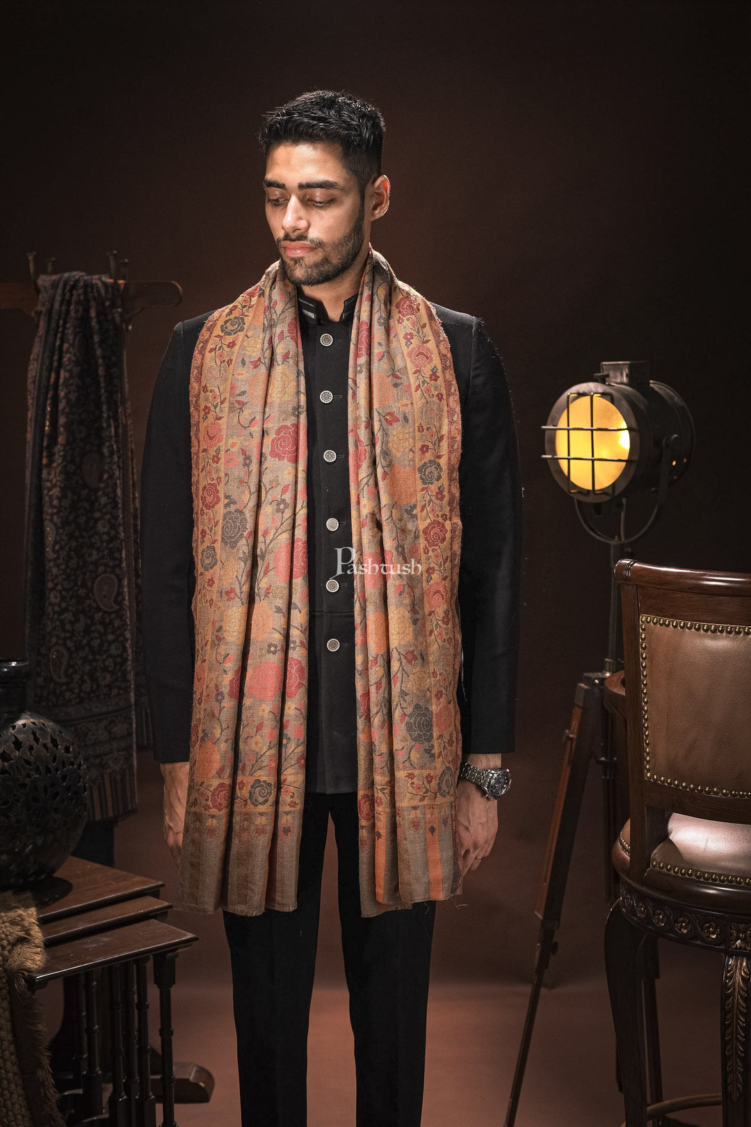 Pashtush India Mens Scarves Stoles and Mufflers Pashtush mens Jacquard Light weight stole, Ethnic Floral design, Beige