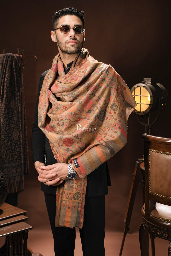 Pashtush India Mens Scarves Stoles and Mufflers Pashtush mens Jacquard Light weight stole, Ethnic Floral design, Beige