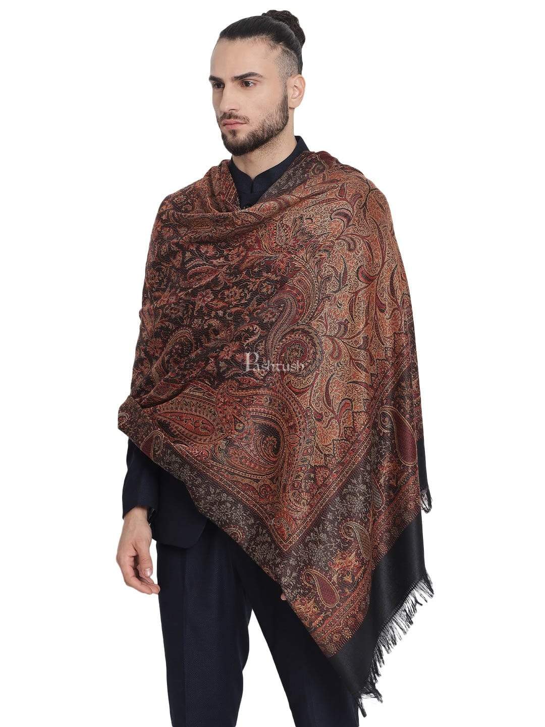 Pashtush India 100x200 Pashtush Mens Jamawar Shawl, Faux Pashmina, Black