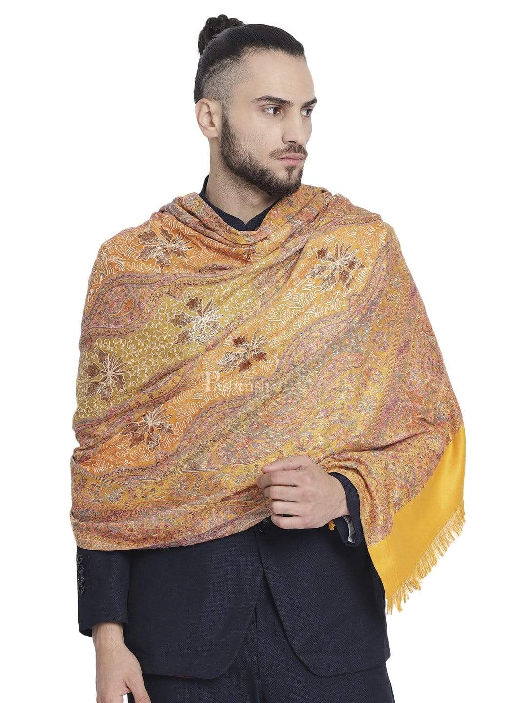 Pashtush India 100x200 Pashtush Mens Jamawar Stole with Hand Aari Embroidery, Silky Threadwork - Soft Faux Mustard
