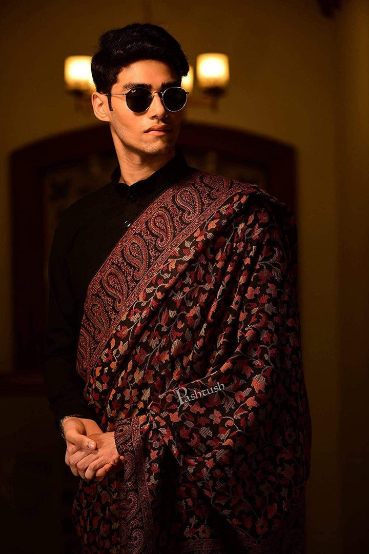 Pashtush India 127x254 Pashtush Mens Kaani Shawl, Mens Lohi, Full Size, Blended Wool, Black