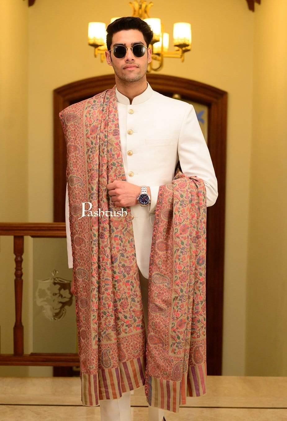Pashtush Store Shawl Pashtush Mens Kaani Shawl, Mens Lohi, Fine Wool, Full Size - Beige