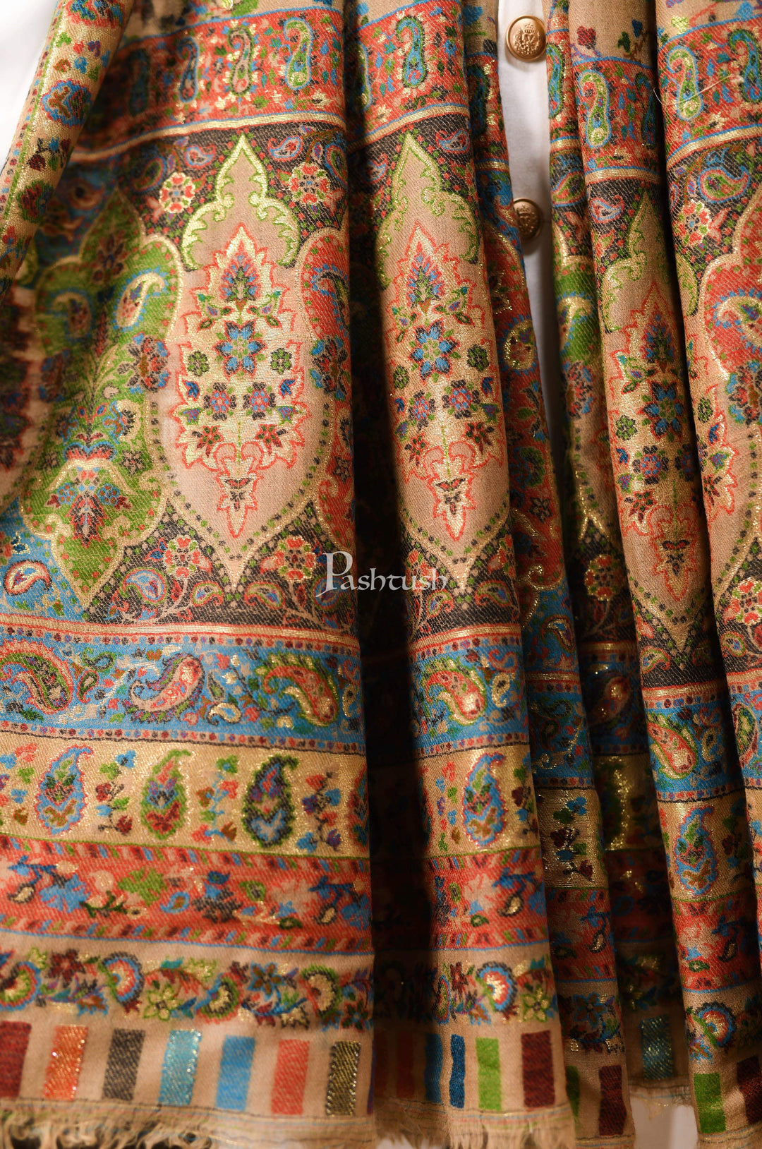 Pashtush India 100x200 Pashtush Mens Kaani Shawl, Pure Wool, Woolmark Certificate, Beige with Zari Weave