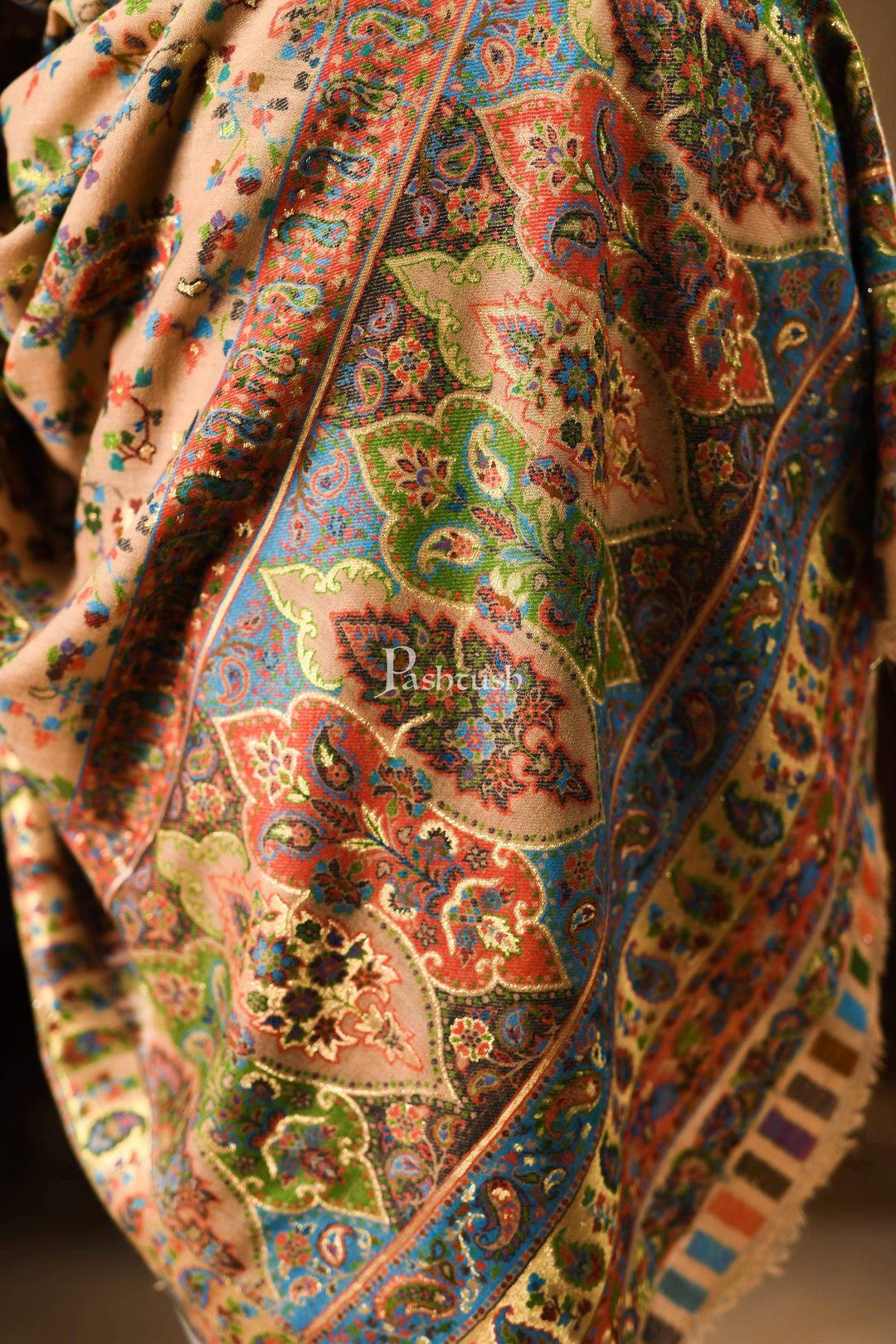 Pashtush India 100x200 Pashtush Mens Kaani Shawl, Pure Wool, Woolmark Certificate, Beige with Zari Weave
