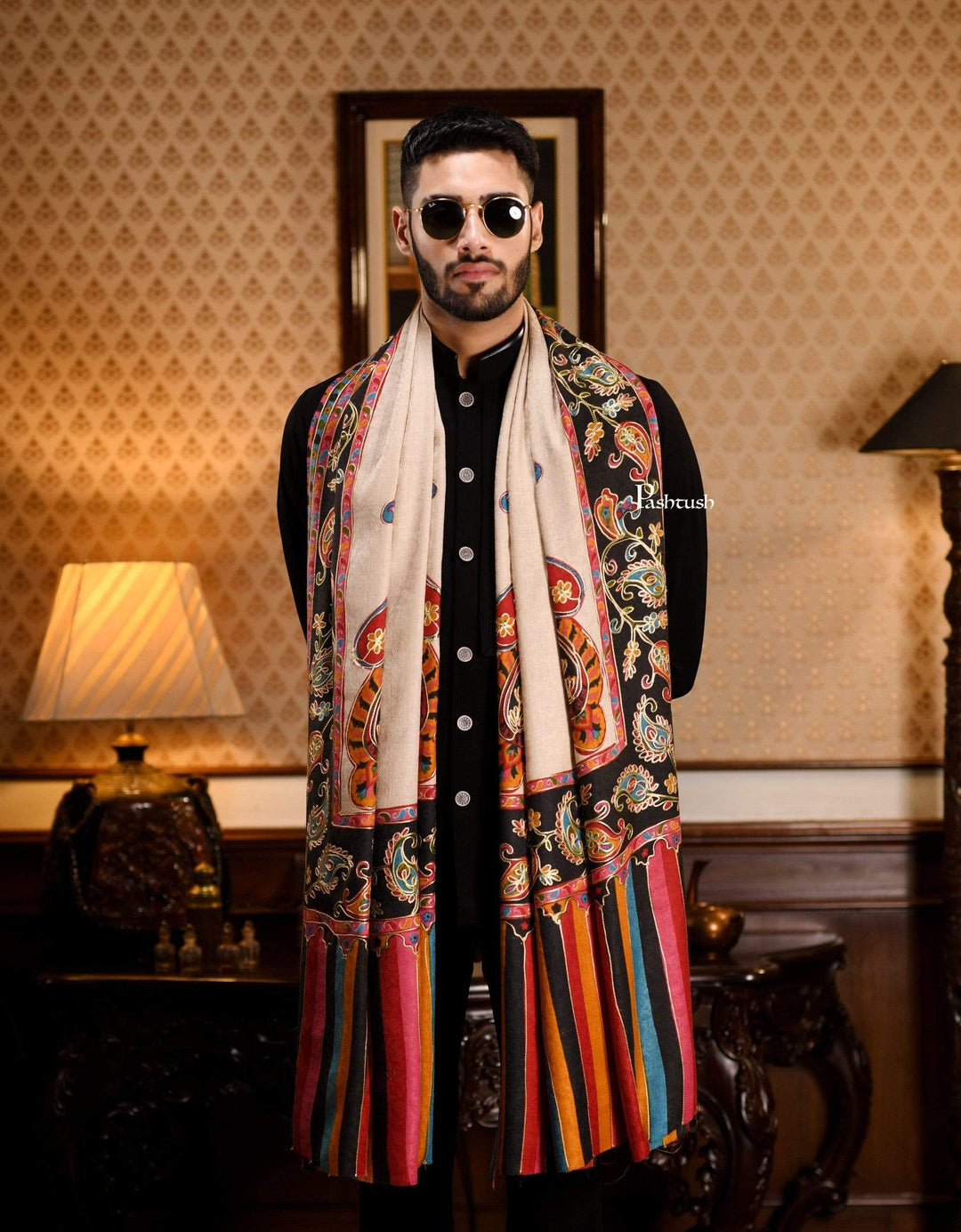 Pashtush India 114x228 Pashtush Mens Kalamkari Embroidery Shawl, Gents Fine Wool Shawls, Medium