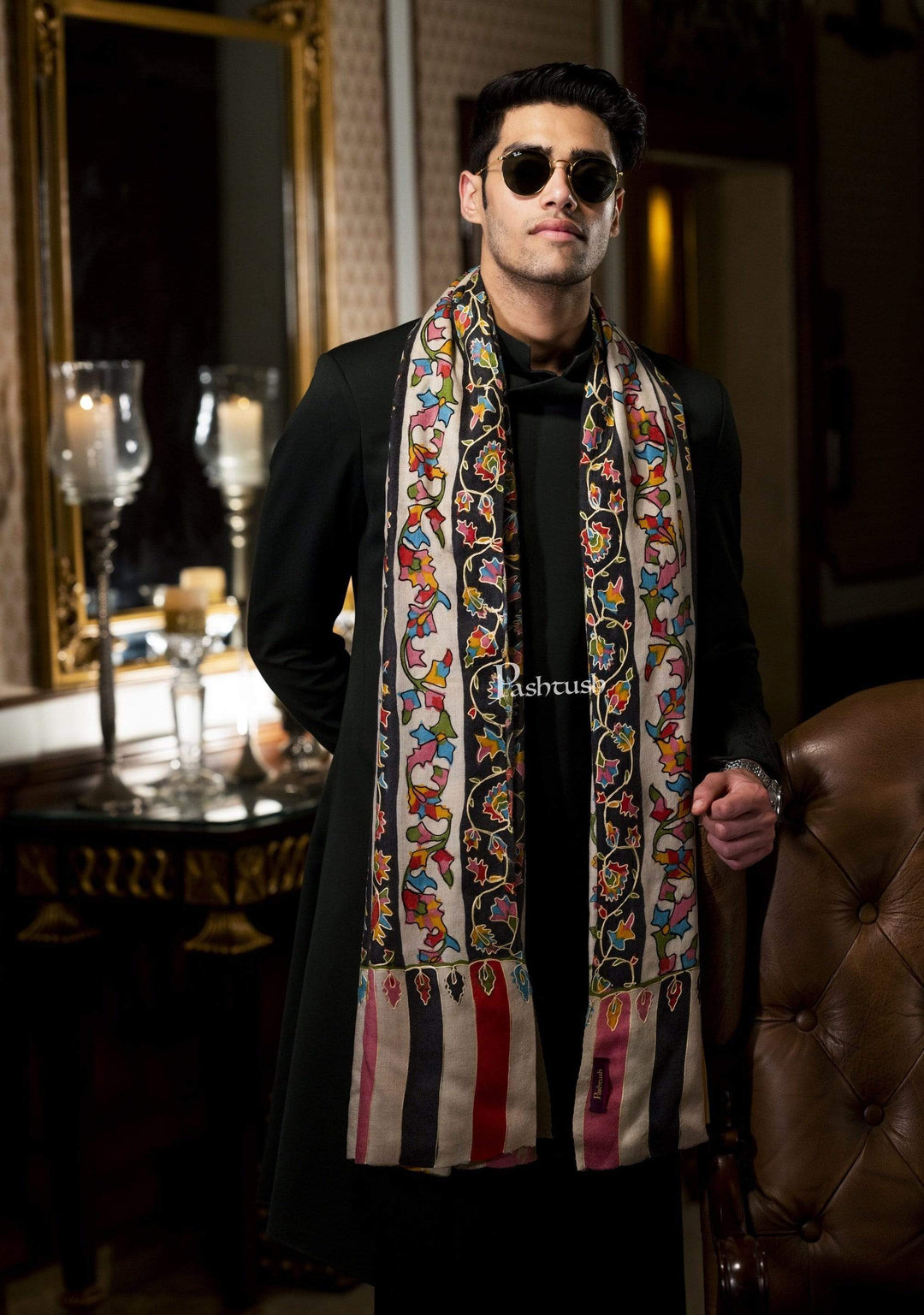 Pashtush India 114x228 Pashtush Mens Kalamkari Outline Embroidery Shawl, Kaani Painted Design, Fine Wool