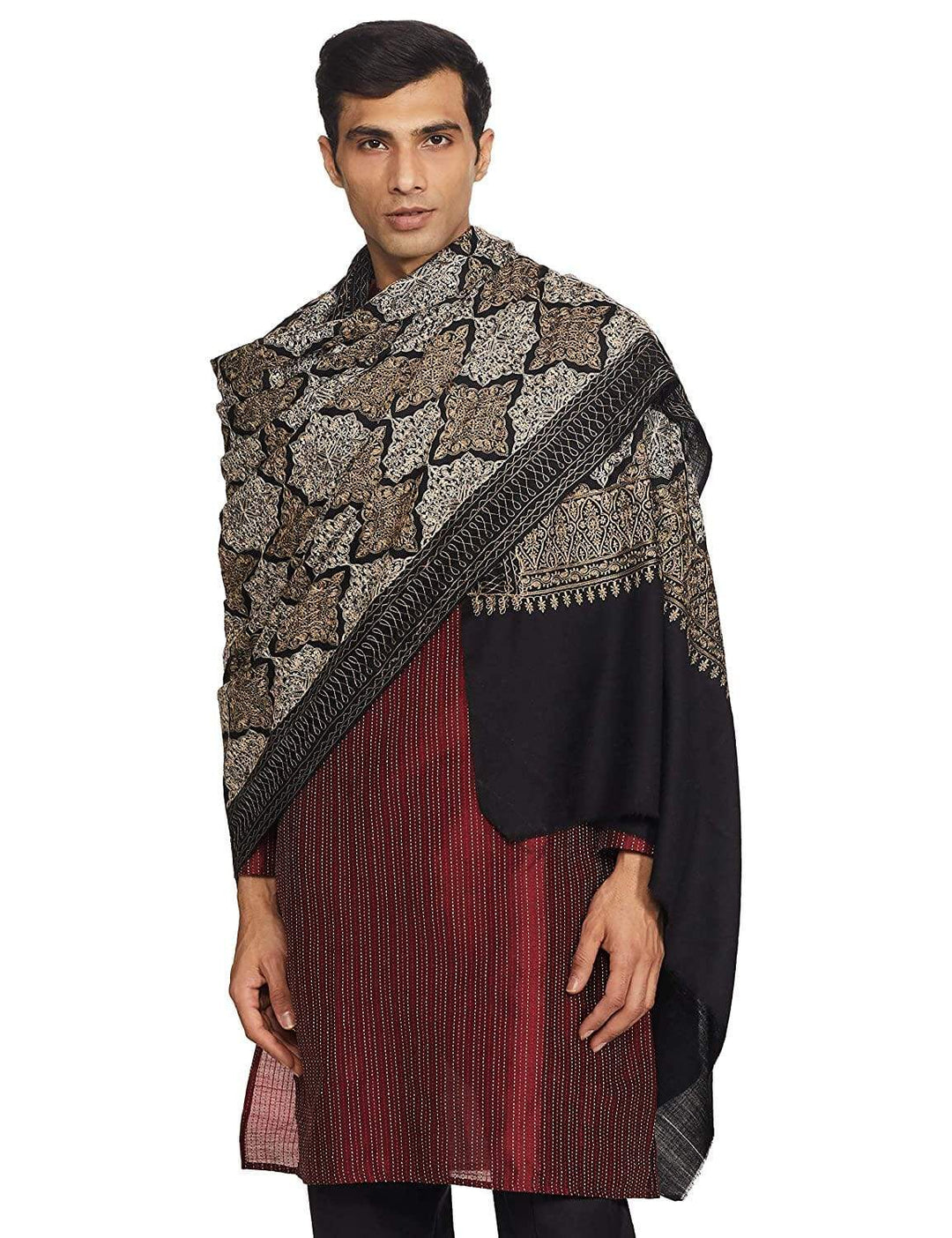 Pashtush India 114x228 Pashtush Mens Kashmiri Embroidery Shawl, Light Weight, Fine Wool, Black