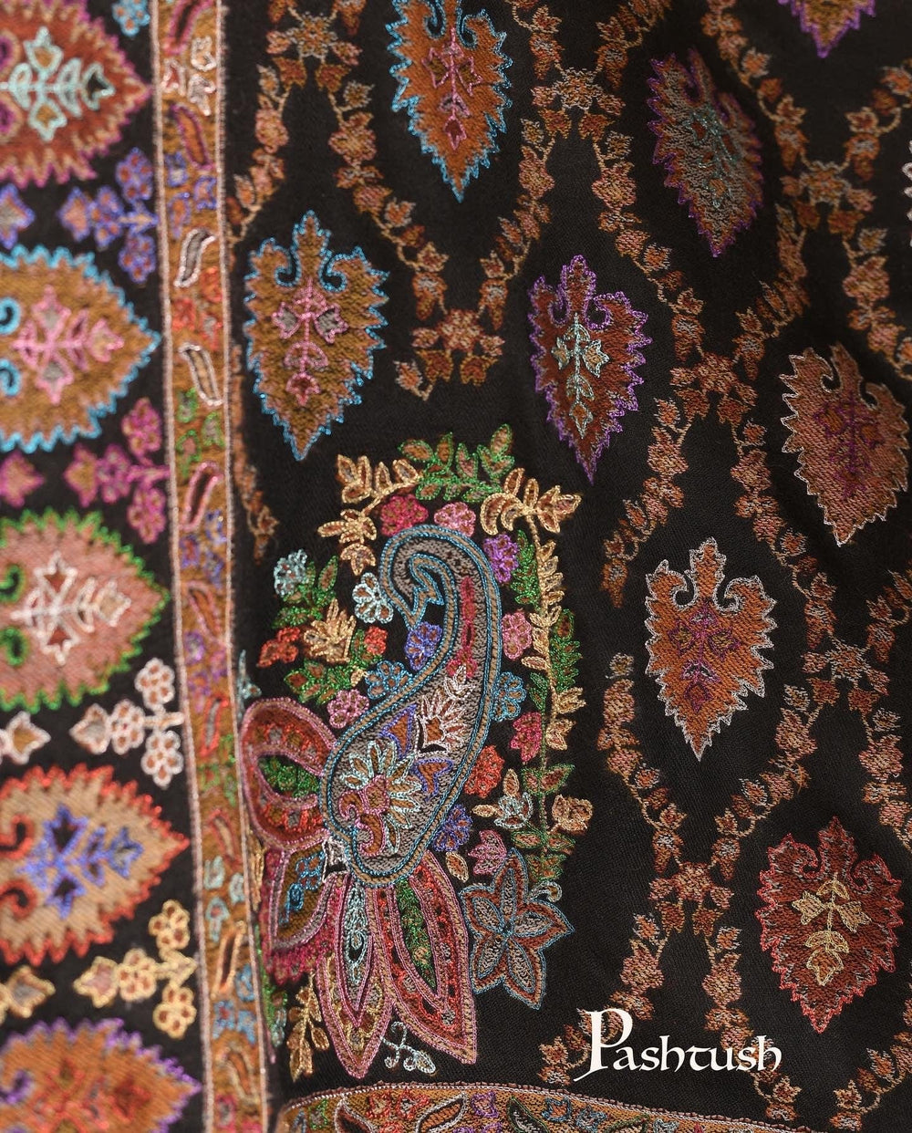 Pashtush India Mens Shawls Gents Shawl Pashtush Mens Kashmiri Tilla Hand Embroidered Shawl, Full Size, Extra Fine Wool, Kalamkari