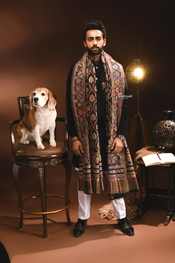 Pashtush India Mens Shawls Gents Shawl Pashtush Mens Kashmiri Tilla Hand Embroidered Shawl, Full Size, Extra Fine Wool, Kalamkari