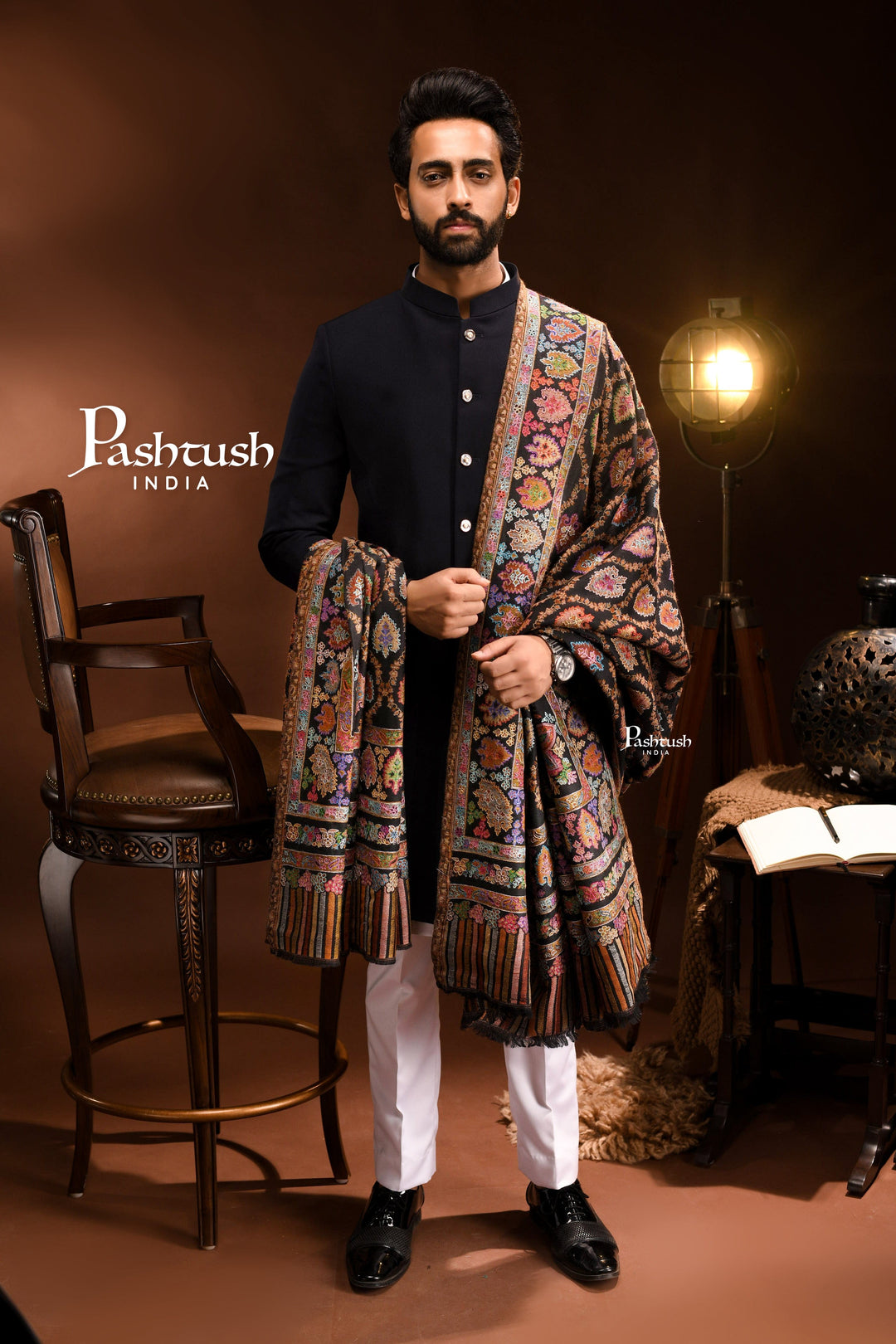 Pashtush India Mens Shawls Gents Shawl Pashtush Mens Kashmiri Tilla Hand Embroidered Shawl, Full Size, Extra Fine Wool, Kalamkari