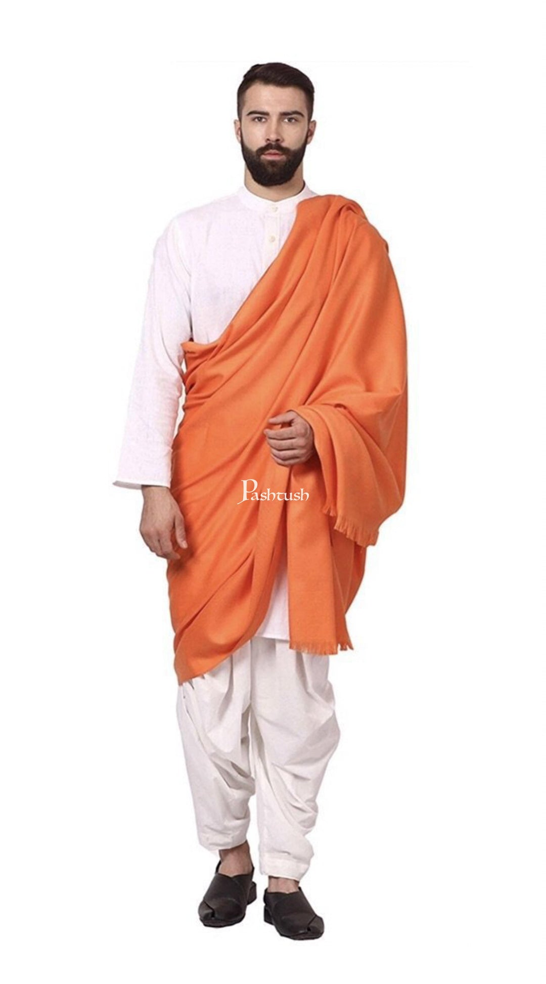 Pashtush India Mens Shawls Gents Shawl Pashtush Mens Kesari Shawl Full Size Thick Wool, Saffron Orange