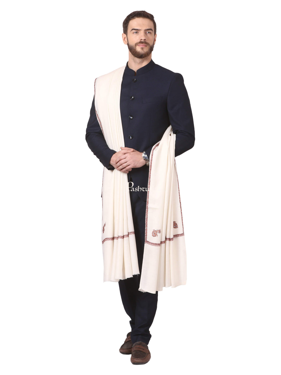 Pashtush India Mens Shawls Gents Shawl Pashtush Mens Kingri Shawl, Hand Embroidery Shawl, Full Size (White)