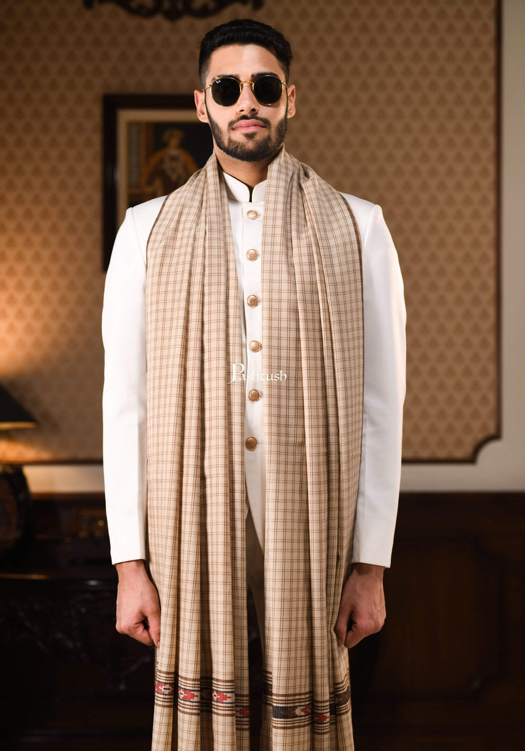 Pashtush India 127x254 Pashtush Mens Kullu Weave Shawl With Checkered Weave