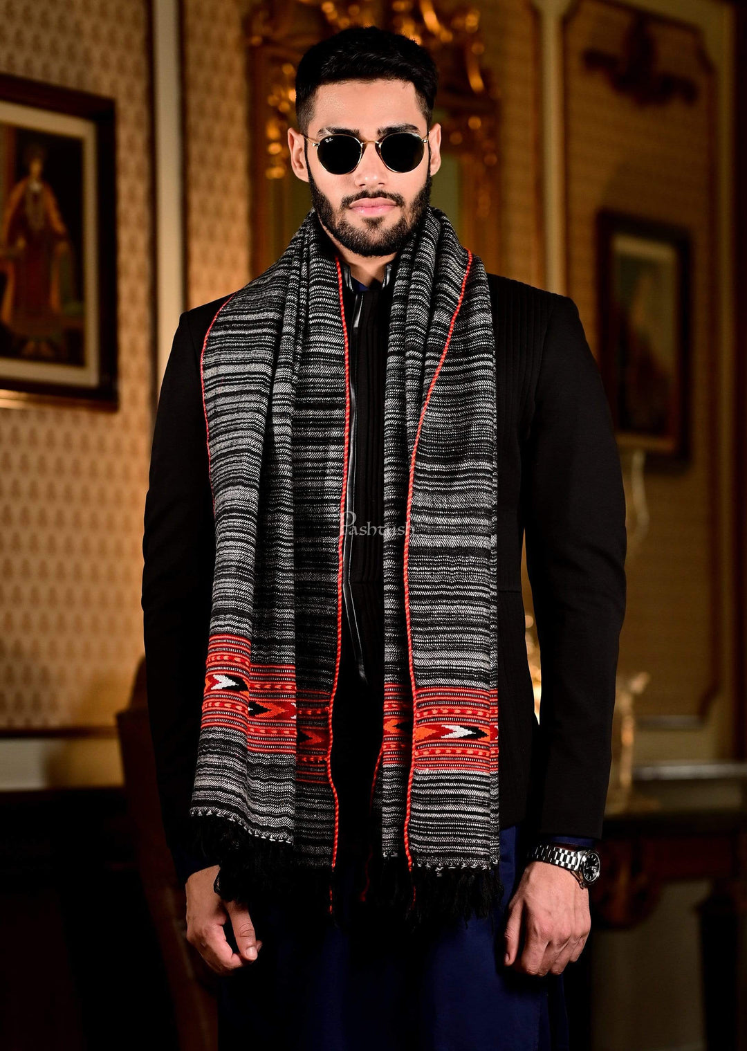 Pashtush India 70x200 Pashtush Mens Kullu Wool, Authentic 100% Handwoven Stole, Extra Warm, grey
