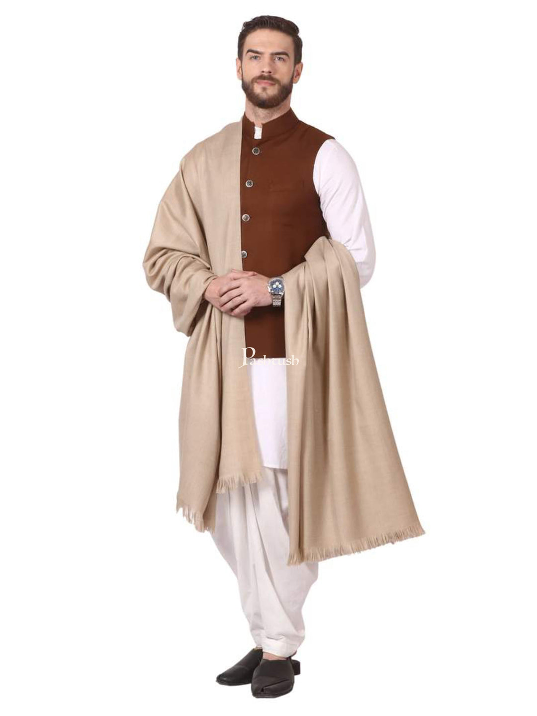 Pashtush India Mens Shawls Gents Shawl Pashtush Mens Lohi, Thick And Warm Gents Shawl, 50% Pure Wool, Beige
