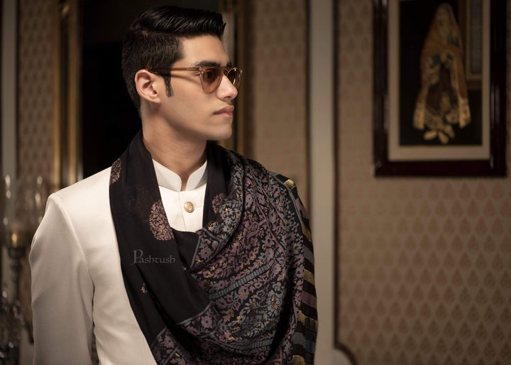 Pashtush India 70x200 Pashtush Mens Paisley Design, Soft Bamboo Scarf, Golden Zari Thread Weave