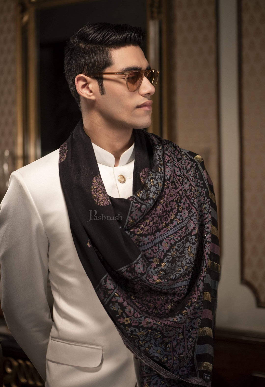 Pashtush India 70x200 Pashtush Mens Paisley Design, Soft Bamboo Scarf, Golden Zari Thread Weave