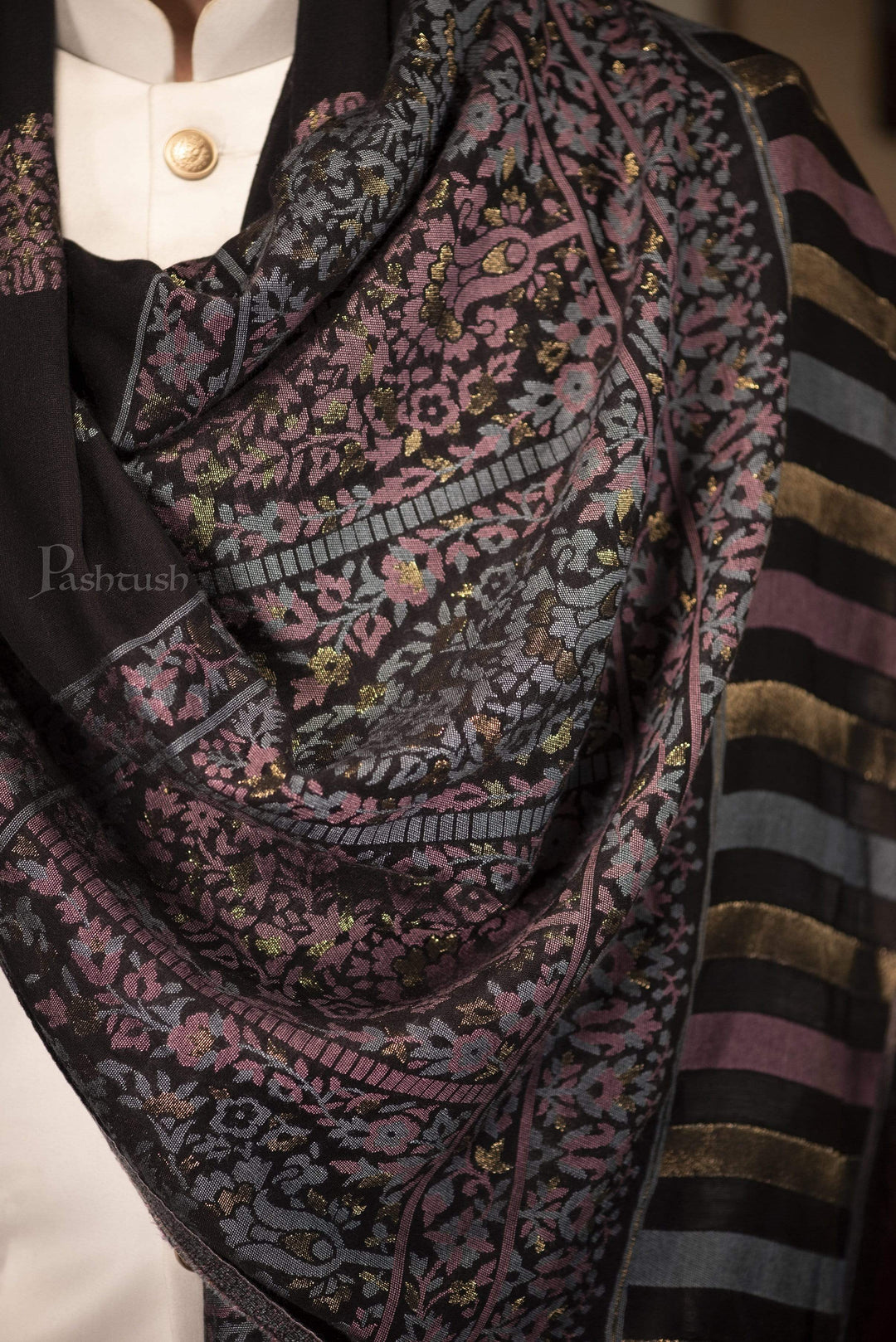 Pashtush India 70x200 Pashtush Mens Paisley Design, Soft Bamboo Scarf, Golden Zari Thread Weave
