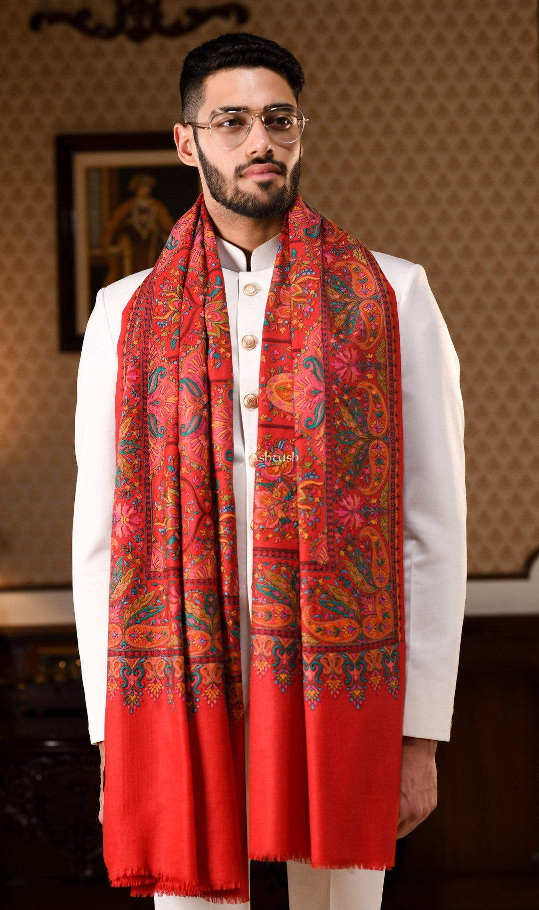 Pashtush India 100x200 Pashtush Mens Papier-mâché Embroidered Shawl, Fine Wool with Silky Embroidery, Maroon