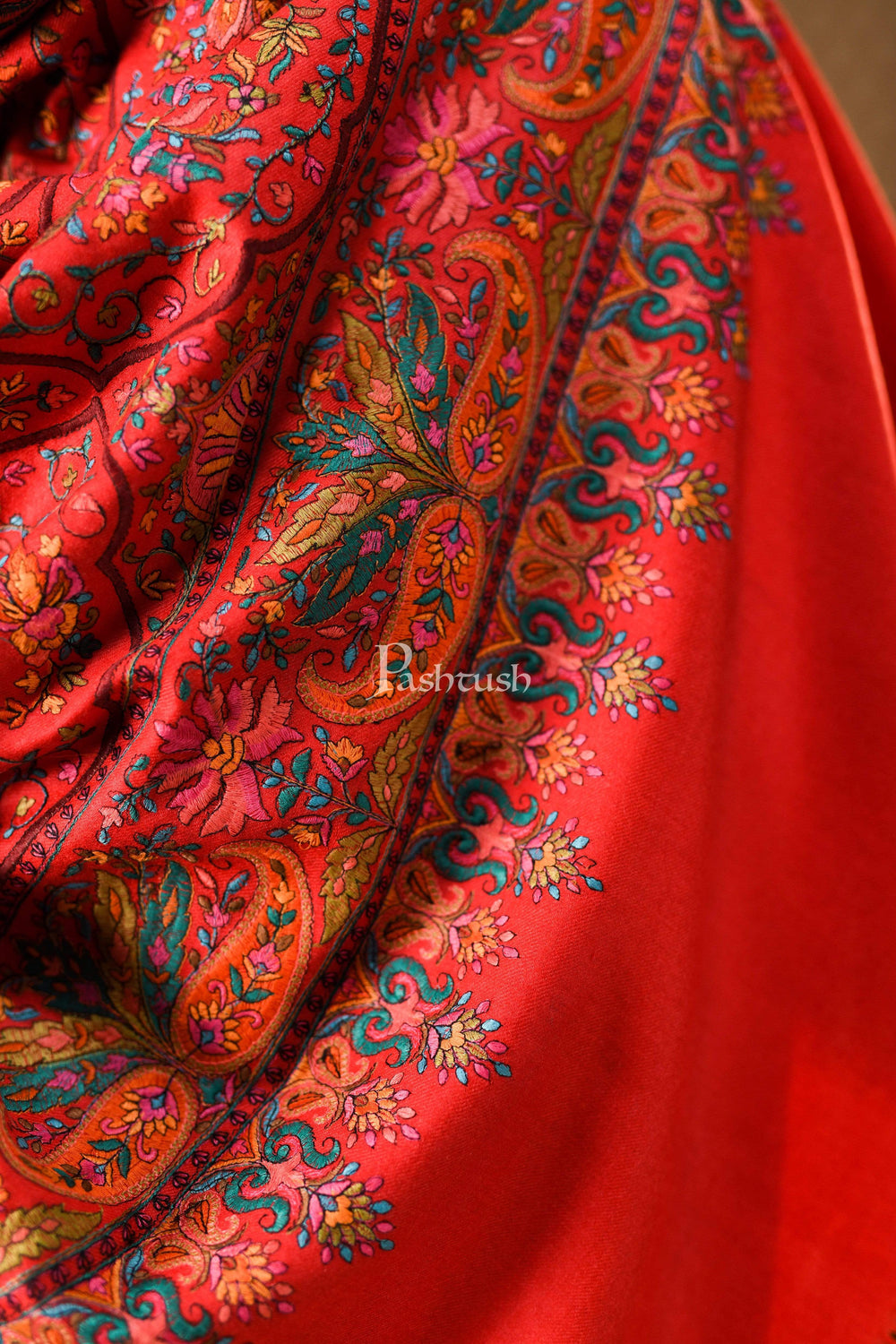 Pashtush India 100x200 Pashtush Mens Papier-mâché Embroidered Shawl, Fine Wool with Silky Embroidery, Maroon