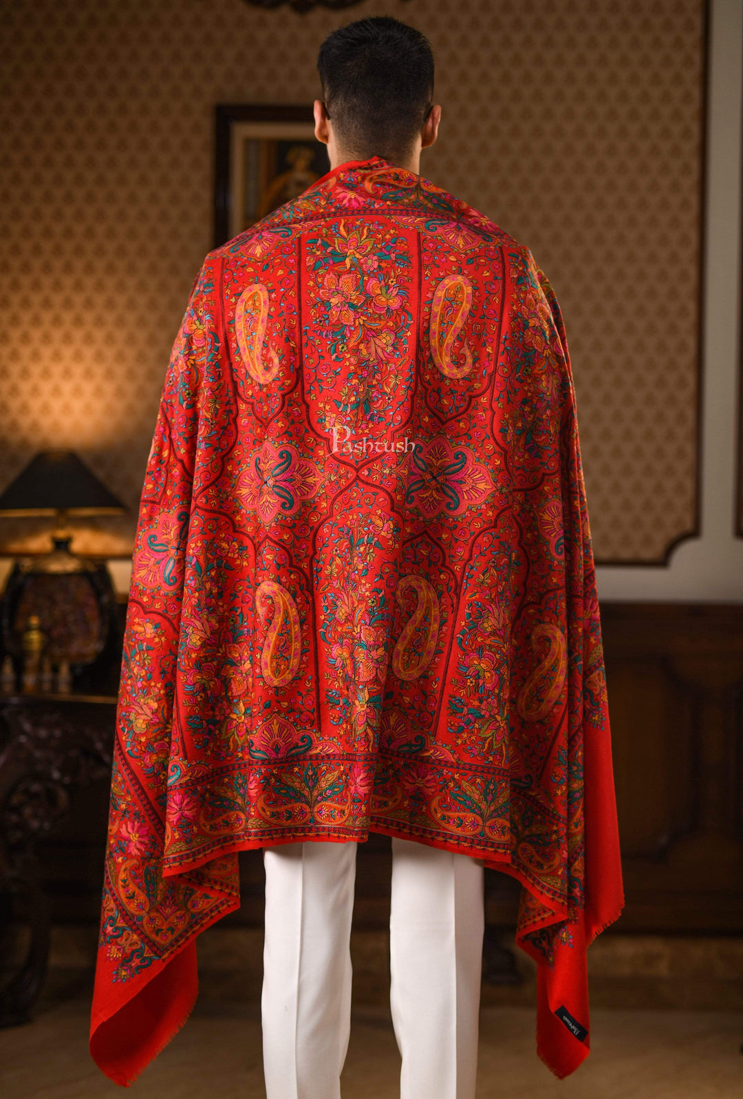 Pashtush India 100x200 Pashtush Mens Papier-mâché Embroidered Shawl, Fine Wool with Silky Embroidery, Maroon