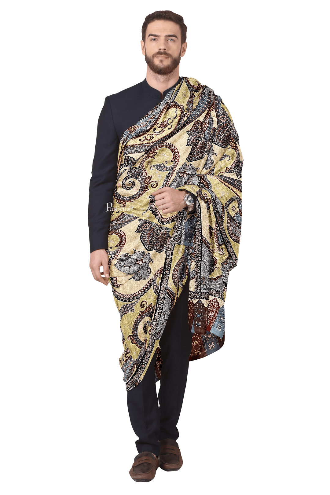 Pashtush India Mens Shawls Gents Shawl Pashtush Mens Pashmina Kalamkari Shawl: Handwoven, Hand Painted, and Hand Embroidered, Multicolour