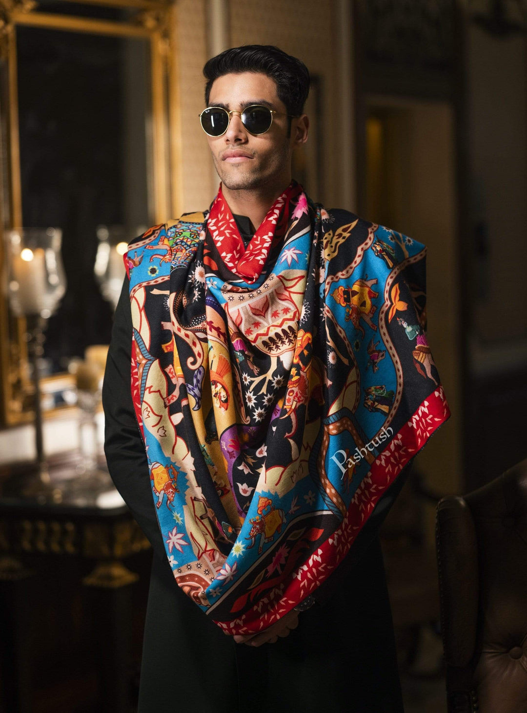 Pashtush India 100x200 Pashtush Mens Printed Stole, Multicoloured, 100% Pure Wool (Woolmark Certified)