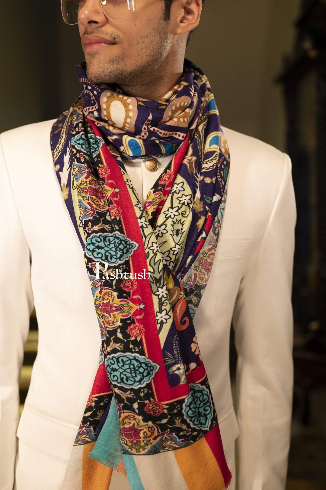 Pashtush India 100x200 Pashtush Mens Printed Stole, Multicoloured, 100% Pure Wool (Woolmark Certified)