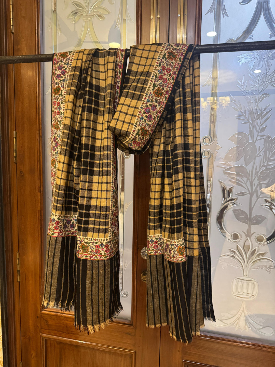 Pashtush India Mens Shawls Gents Shawl Pashtush Mens Pure Pashmina, Hand Woven Checkered with Antique Kashmiri Embroidery Border