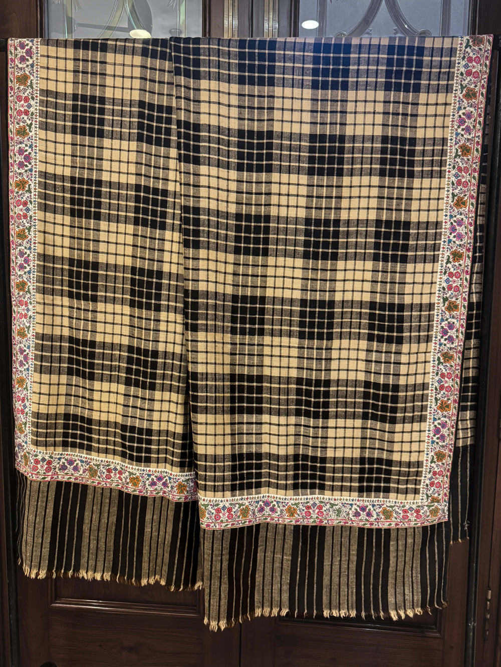 Pashtush India Mens Shawls Gents Shawl Pashtush Mens Pure Pashmina, Hand Woven Checkered with Antique Kashmiri Embroidery Border