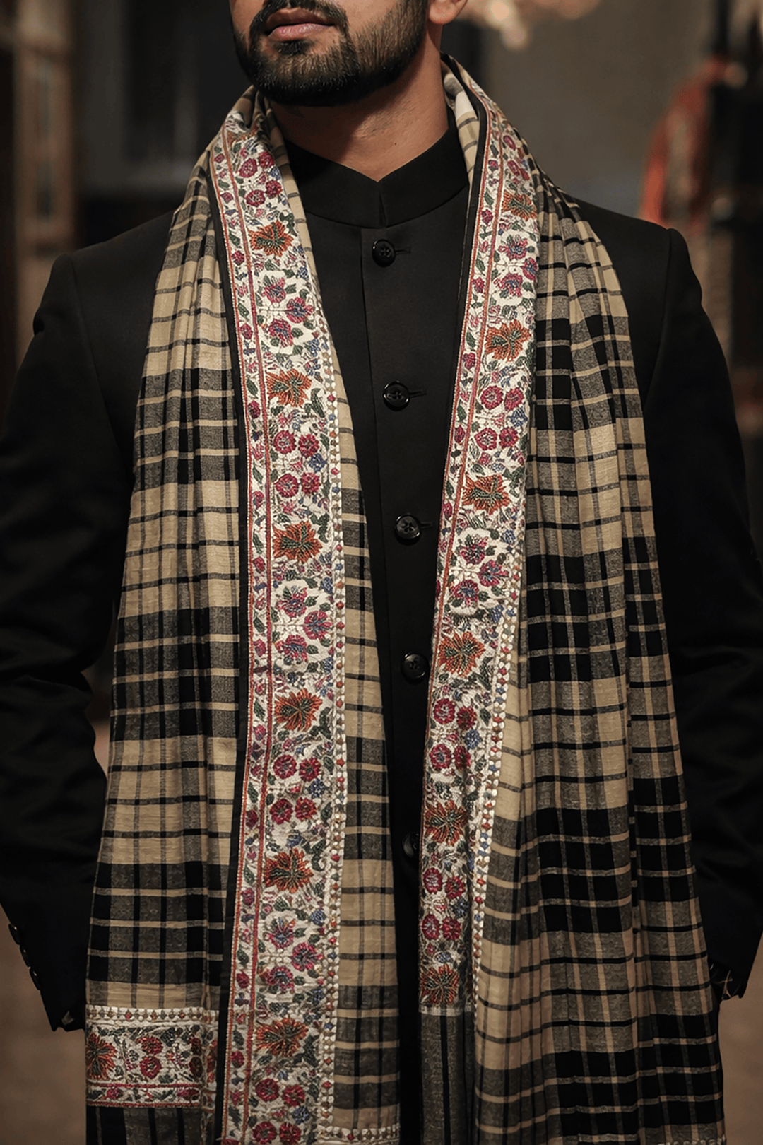 Pashtush India Mens Shawls Gents Shawl Pashtush Mens Pure Pashmina, Hand Woven Checkered with Antique Kashmiri Embroidery Border