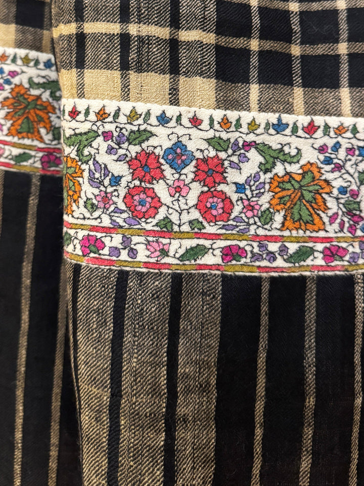 Pashtush India Mens Shawls Gents Shawl Pashtush Mens Pure Pashmina, Hand Woven Checkered with Antique Kashmiri Embroidery Border