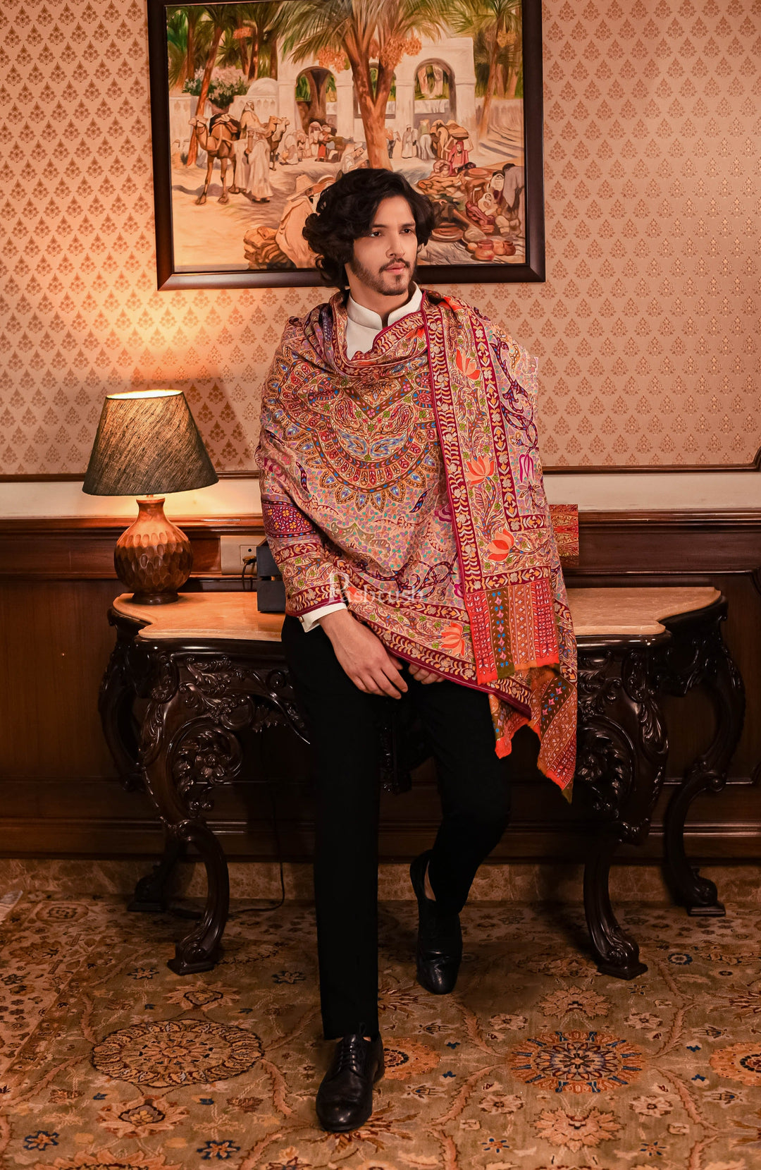 Pashtush India Womens Shawls Pashtush Mens Pure Pashmina Handmade Kalamkari Shawl, Multicoloured