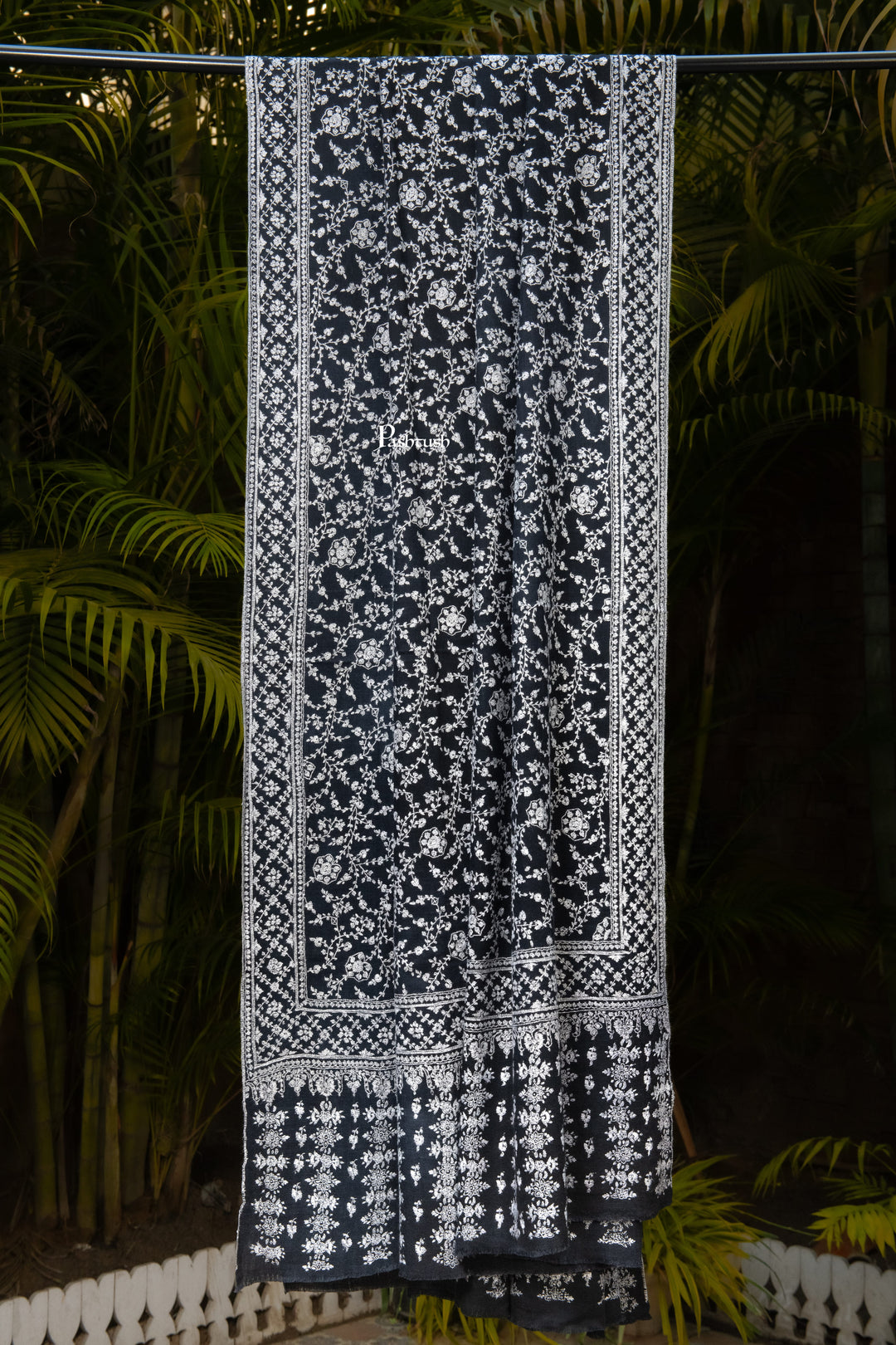 Pashtush India Mens Shawls Gents Shawl Pashtush Mens Pure Pashmina Shawl, Sozni Hand Embroidery, Hand Woven, Tonal Design, Black