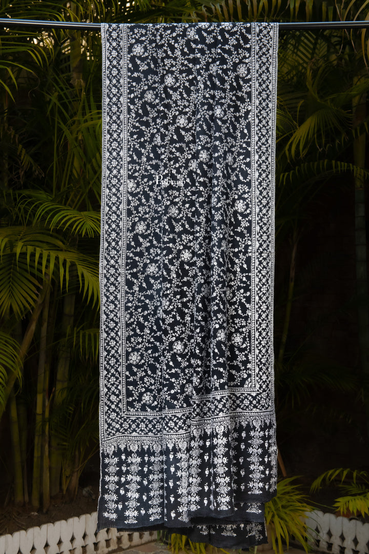 Pashtush India Mens Shawls Gents Shawl Pashtush Mens Pure Pashmina Shawl, Sozni Hand Embroidery, Hand Woven, Tonal Design, Black
