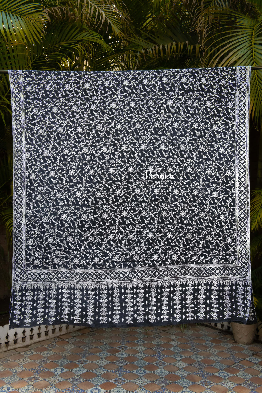 Pashtush India Mens Shawls Gents Shawl Pashtush Mens Pure Pashmina Shawl, Sozni Hand Embroidery, Hand Woven, Tonal Design, Black