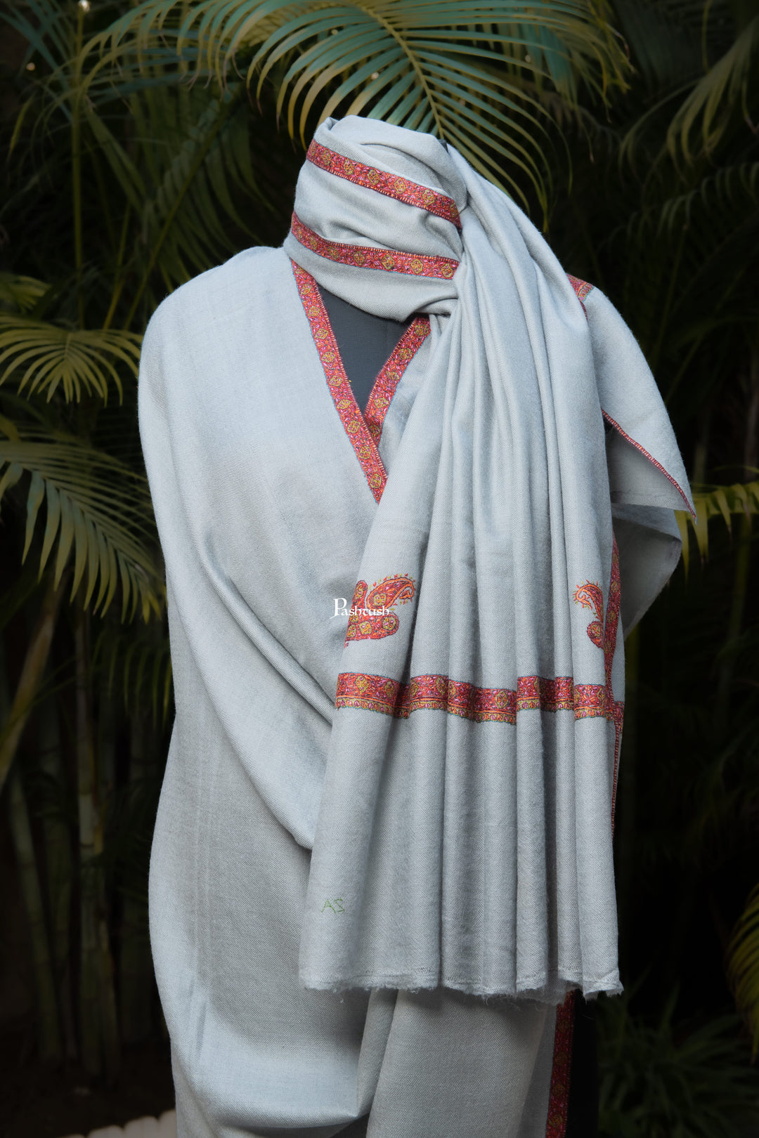 Pashtush India Mens Shawls Gents Shawl Pashtush Mens Pure Pashmina Shawl, Sozni Hand Embroidery, Hand Woven, Tonal Design, Grey