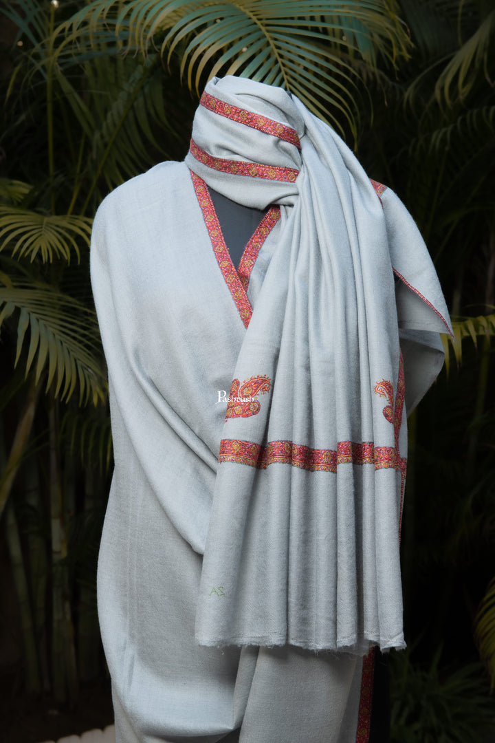 Pashtush India Mens Shawls Gents Shawl Pashtush Mens Pure Pashmina Shawl, Sozni Hand Embroidery, Hand Woven, Tonal Design, Grey