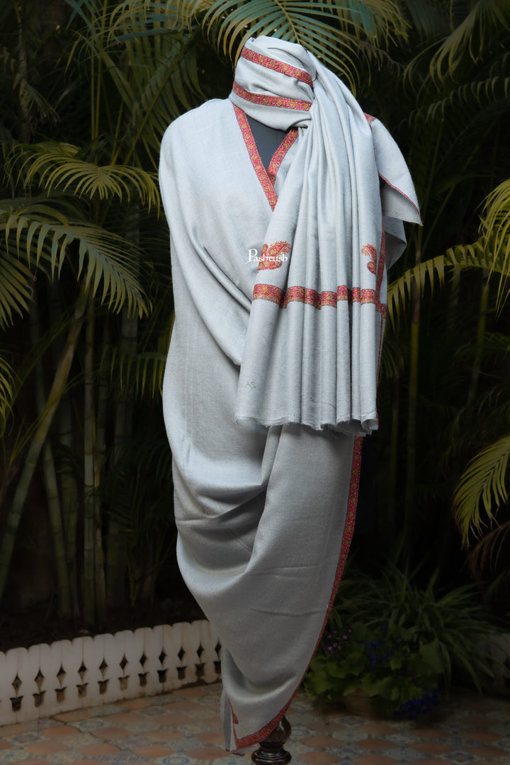 Pashtush India Mens Shawls Gents Shawl Pashtush Mens Pure Pashmina Shawl, Sozni Hand Embroidery, Hand Woven, Tonal Design, Grey