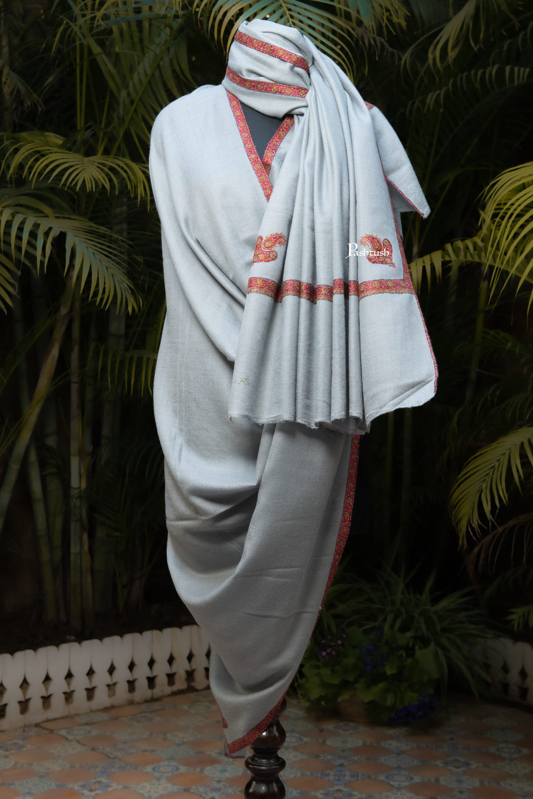 Pashtush India Mens Shawls Gents Shawl Pashtush Mens Pure Pashmina Shawl, Sozni Hand Embroidery, Hand Woven, Tonal Design, Grey