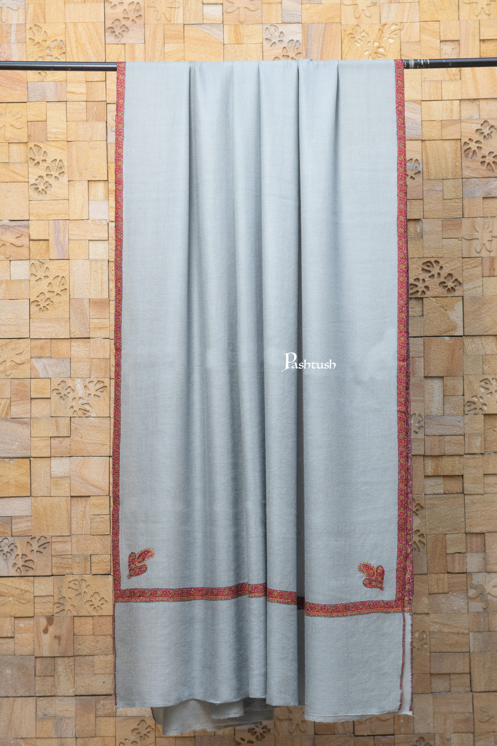 Pashtush India Mens Shawls Gents Shawl Pashtush Mens Pure Pashmina Shawl, Sozni Hand Embroidery, Hand Woven, Tonal Design, Grey