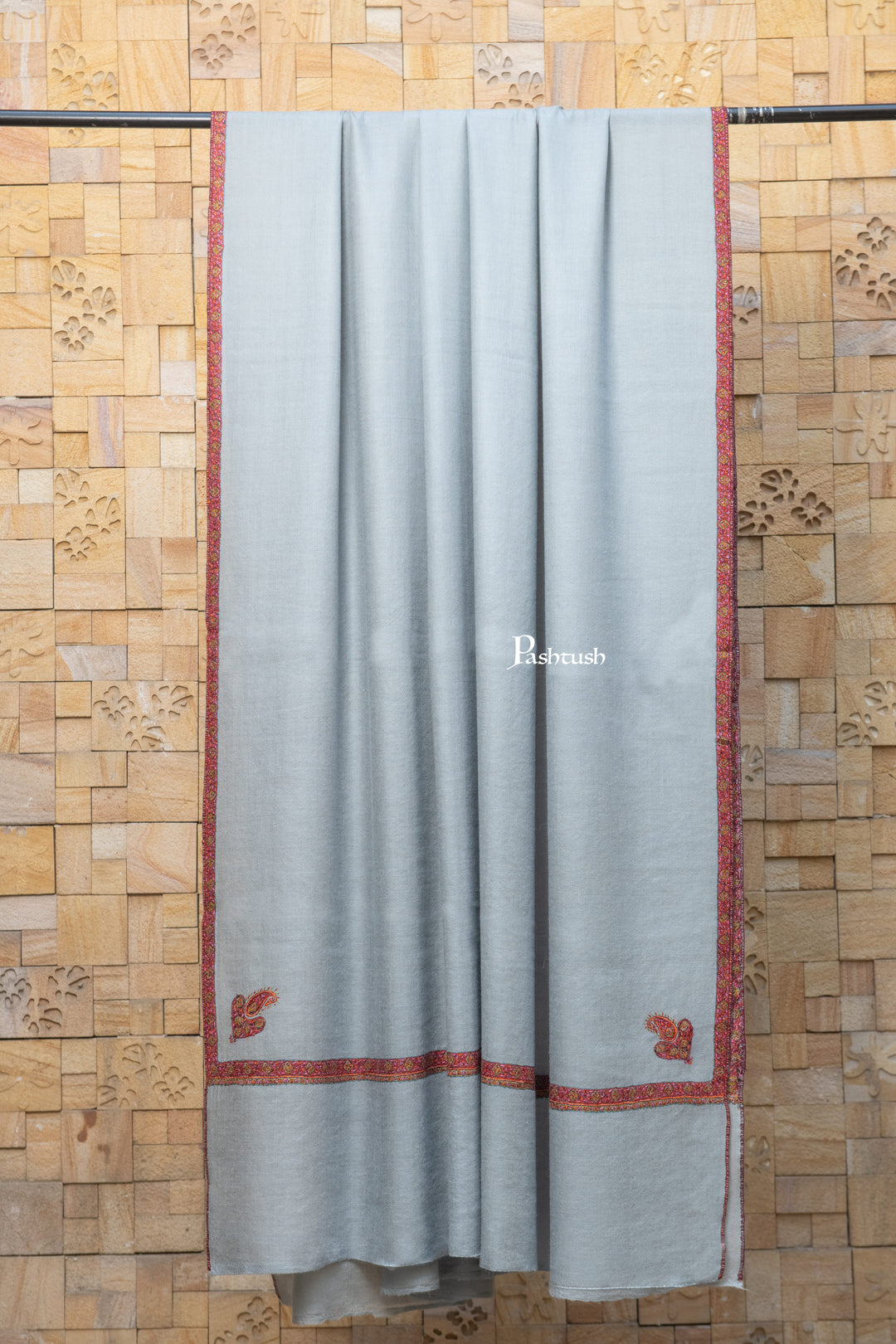 Pashtush India Mens Shawls Gents Shawl Pashtush Mens Pure Pashmina Shawl, Sozni Hand Embroidery, Hand Woven, Tonal Design, Grey