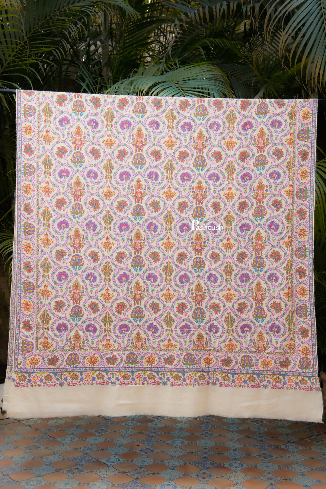 Pashtush India Mens Shawls Gents Shawl Pashtush Mens Pure Pashmina Shawl, Sozni Hand Embroidery, Hand Woven, Tonal Design, Multicolour With Natural Woven Base