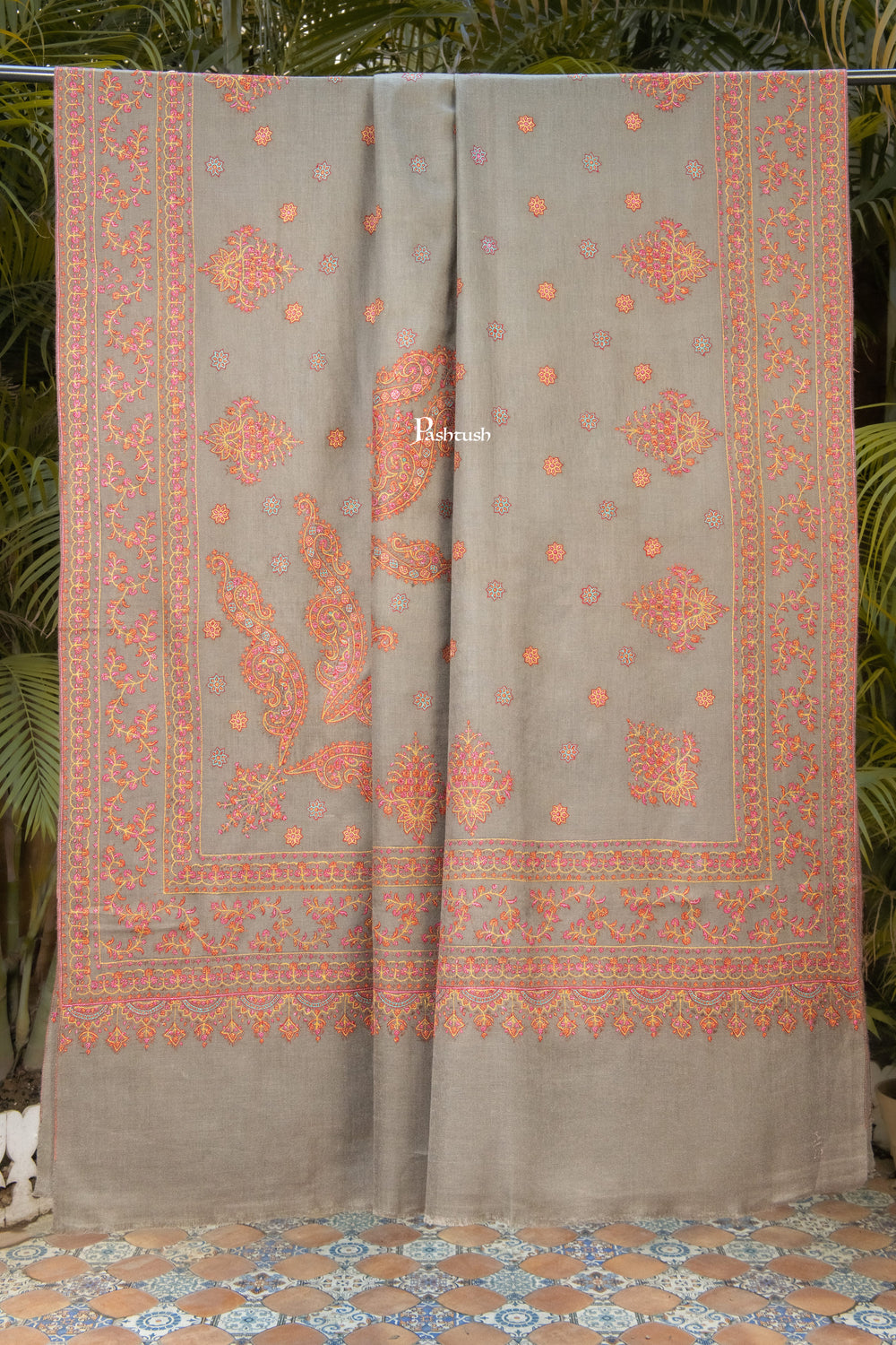 Pashtush India Mens Shawls Gents Shawl Pashtush Mens Pure Pashmina Shawl, Sozni Hand Embroidery, Hand Woven, Tonal Design, Taupe