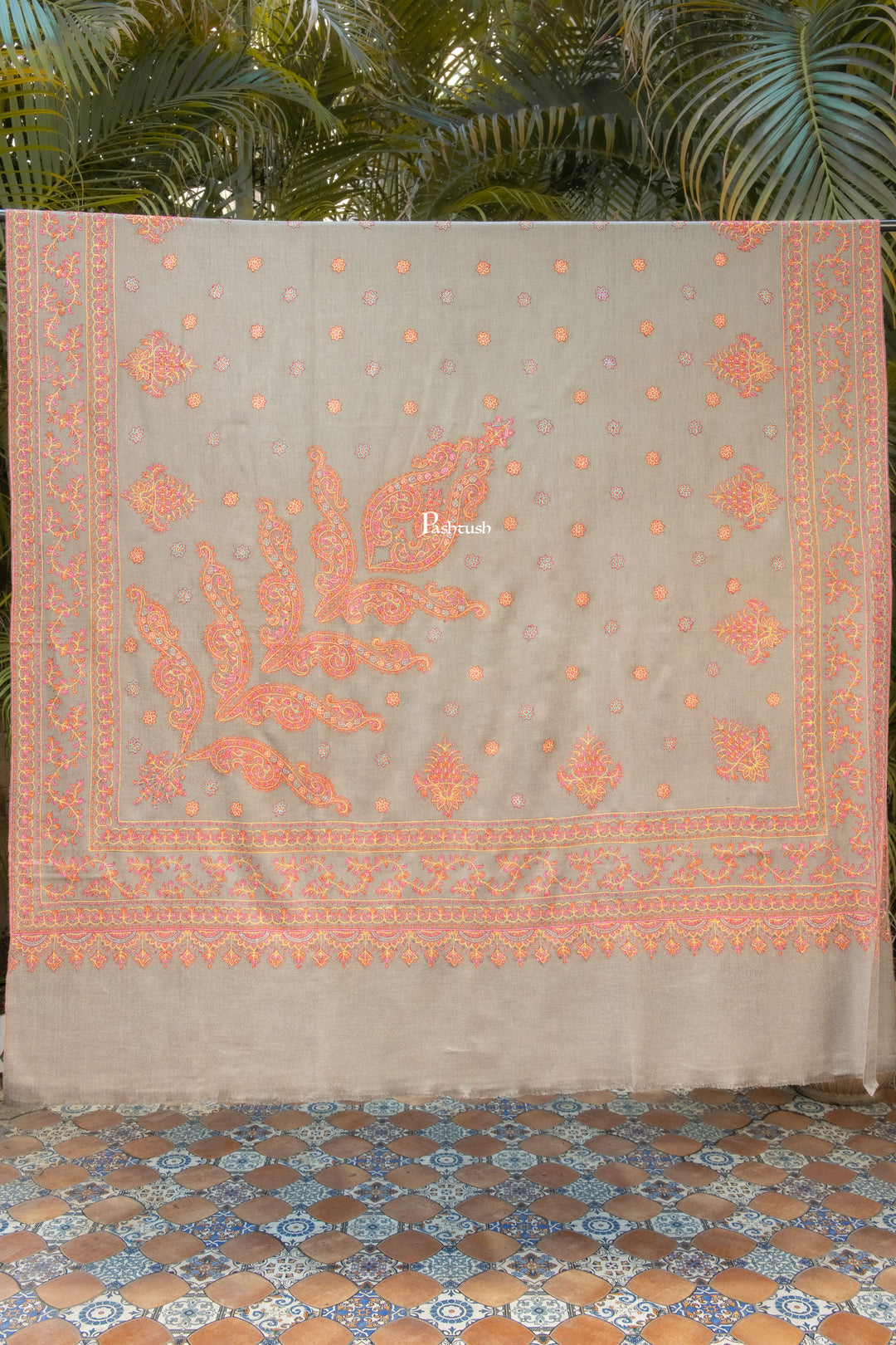 Pashtush India Mens Shawls Gents Shawl Pashtush Mens Pure Pashmina Shawl, Sozni Hand Embroidery, Hand Woven, Tonal Design, Taupe