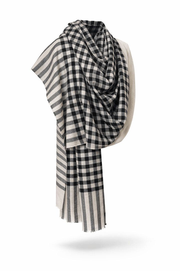 Pashtush India Mens Scarves Stoles and Mufflers Pashtush Mens Pure Pashmina Stole, Handwoven Checkered Design, Black and Beige